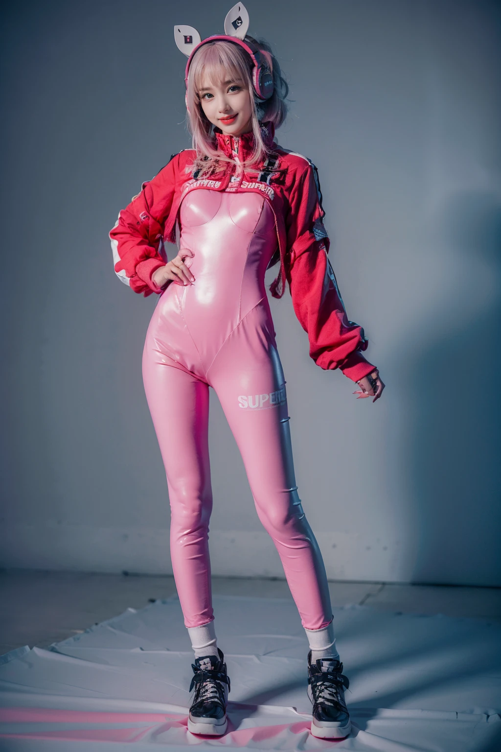 best quality, masterpiece, photorealistic, 1girl, solo, full body, looking at viewer, smile, standing, alice cosplay costume, cosplay, pink hair, cropped jacket, animal ear headphones, bodysuit, skin tight, socks, simple background,  <lora:nikke_alice_cosplay_v1:0.65>