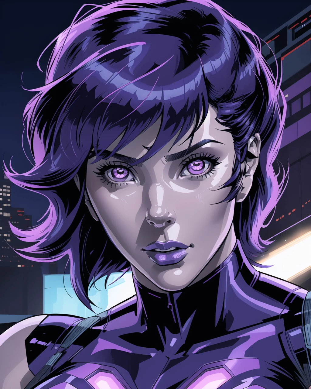 motoko kusanagi, 1girl, masterpiece, best quality, detailed face close up, glow eyes, cyber face, (daytime, outdoors, harsh lighting), western comic book style, detailed intricate linework