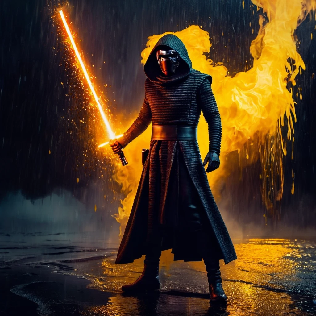 Dark Fantasy Art of  <lora:Kylo Ren:1.2>
Kylo Ren an realistic photo of a man in a dark suit holding a  lightsaber with yellow golden liquid fire and heavy rain in star wars universe, dark, moody, dark fantasy style