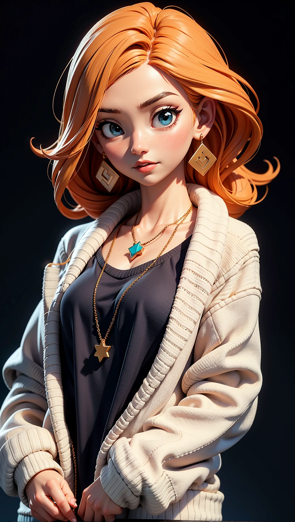 1girl,blue sweater,black background,earrings,necklace,