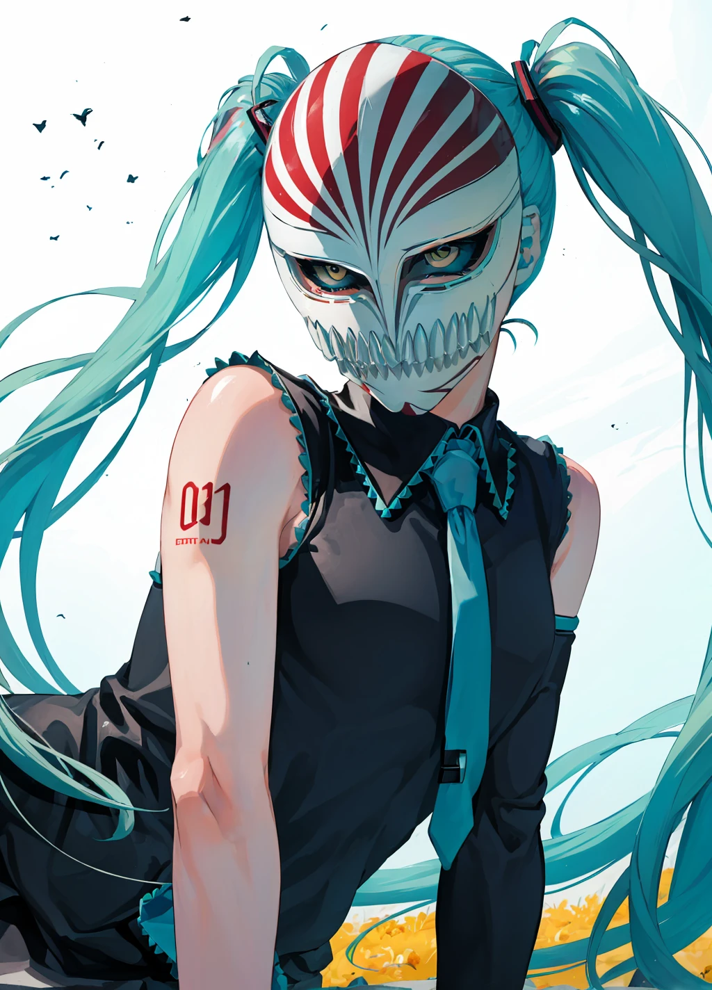 Anime style, a white man with neck and amrs covered with scars, wearing a full face mask, blue long hair, black shirt.