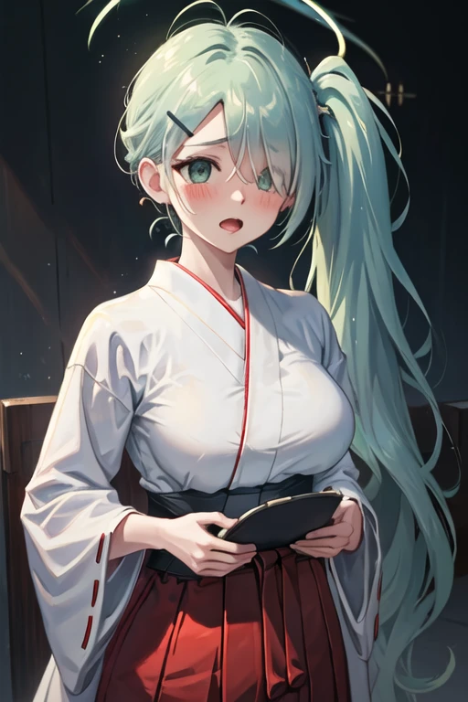 best quality, masterpiece, highres, solo, {white kimono:1.35}, {red hakama:1.35}, {wide sleeves:1.20}, {hiyori_bluearchive:1.15}, hair_ornament, hairclip, long_hair, hair_over_one_eye, halo, side_ponytail, bangs, blush, hat, breasts, cabbie_hat, open_mouth, upper_body, large_breasts, green_eyes