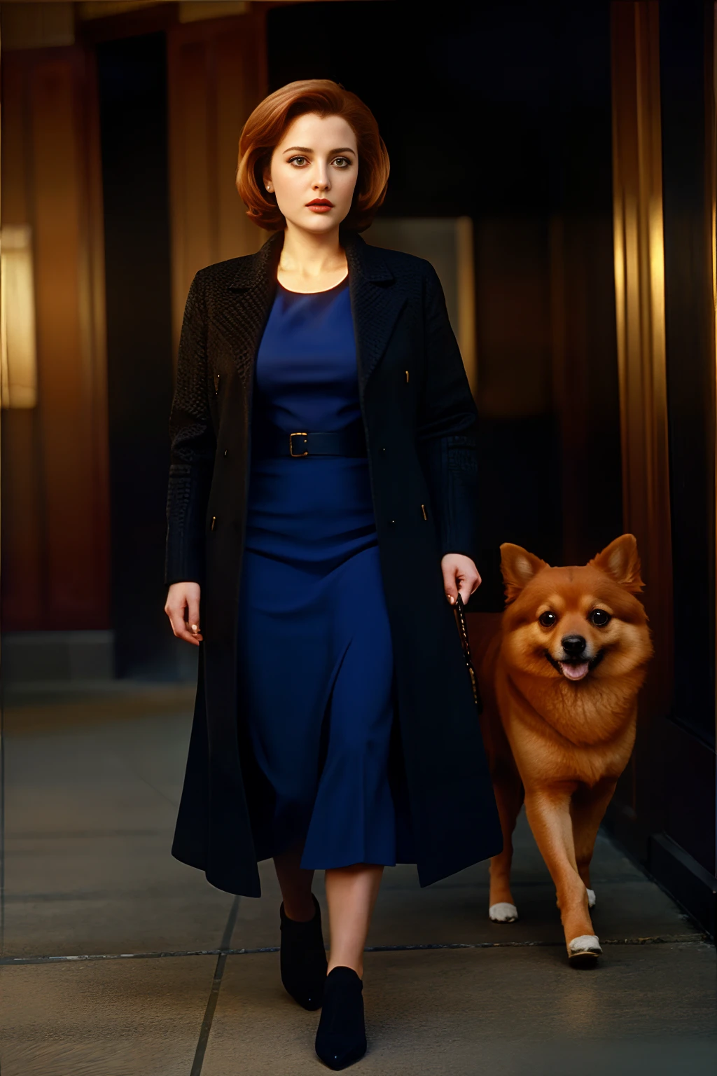 Dana Scully with her Pomeranian dog, walking,
<lora:DanaScullySD-000002:1>, intricate details, hyperdetailed, cinematic, realistic, masterpiece