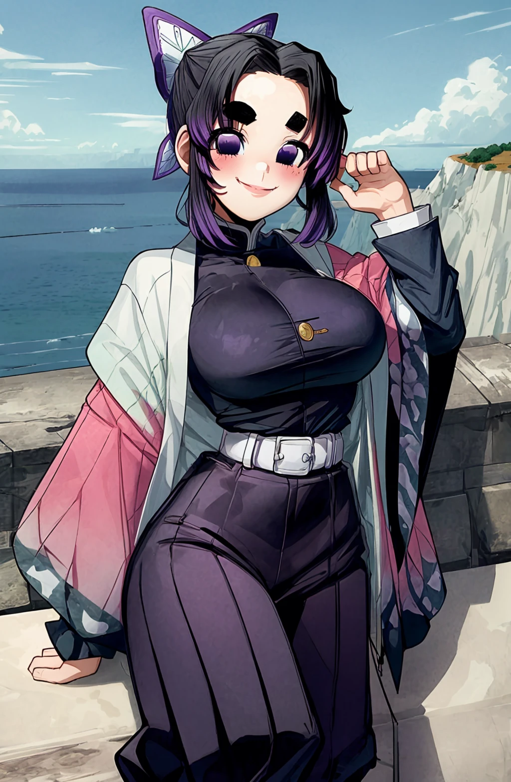 best quality, masterpiece, (leaning over:1.2),
1girl, yuzuriha_(jigokuraku), purple hair, brown eyes, ninja, open clothes, cleavage, small breasts, topknot, medium hair, breasts apart, seductive smile, (blush:1.1), japanese exterior, temple, sengoku period town, town,