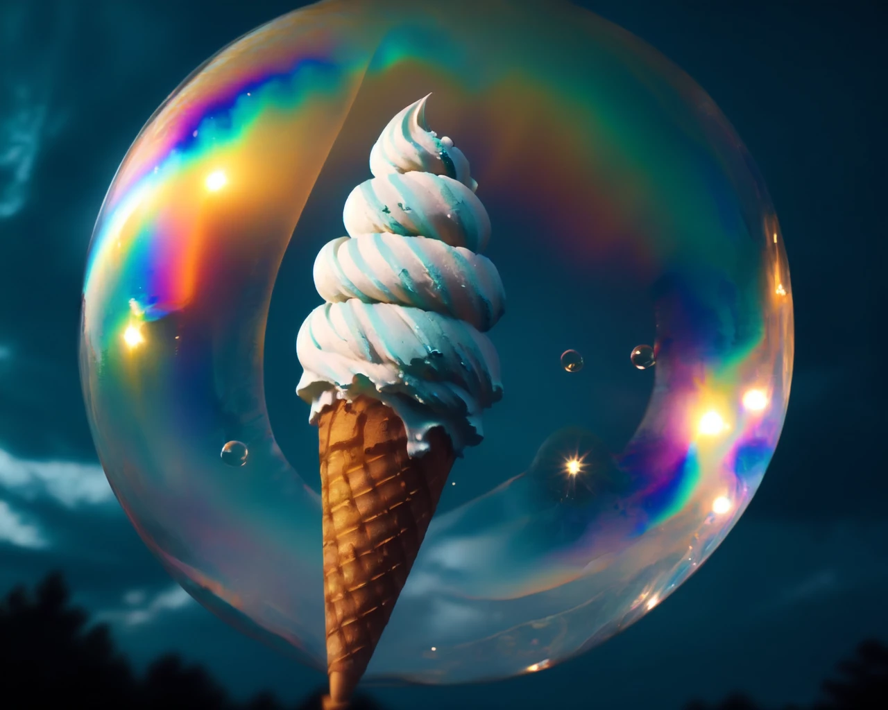 <lora:iridescent_bubble_v1:0.7>, night, bubble, sky, outdoors, rainbow, no_humans, snowflakes, ice cream cone