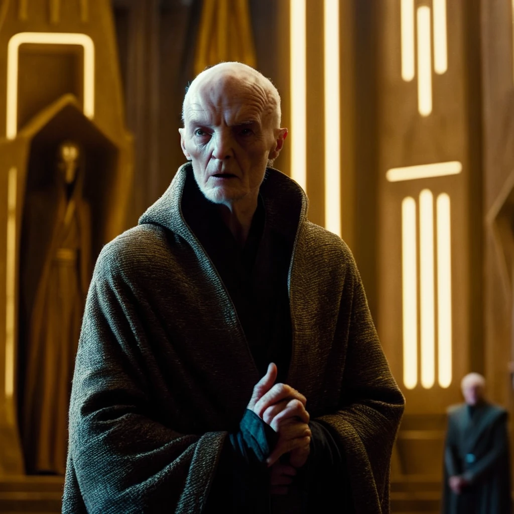 cinematic film still of  <lora:Snoke:1.2>
Snoke a man in a cloak standing in front of a giant throne in star wars cinematic universe, shallow depth of field, vignette, highly detailed, high budget, bokeh, cinemascope, moody, epic, gorgeous, film grain, grainy