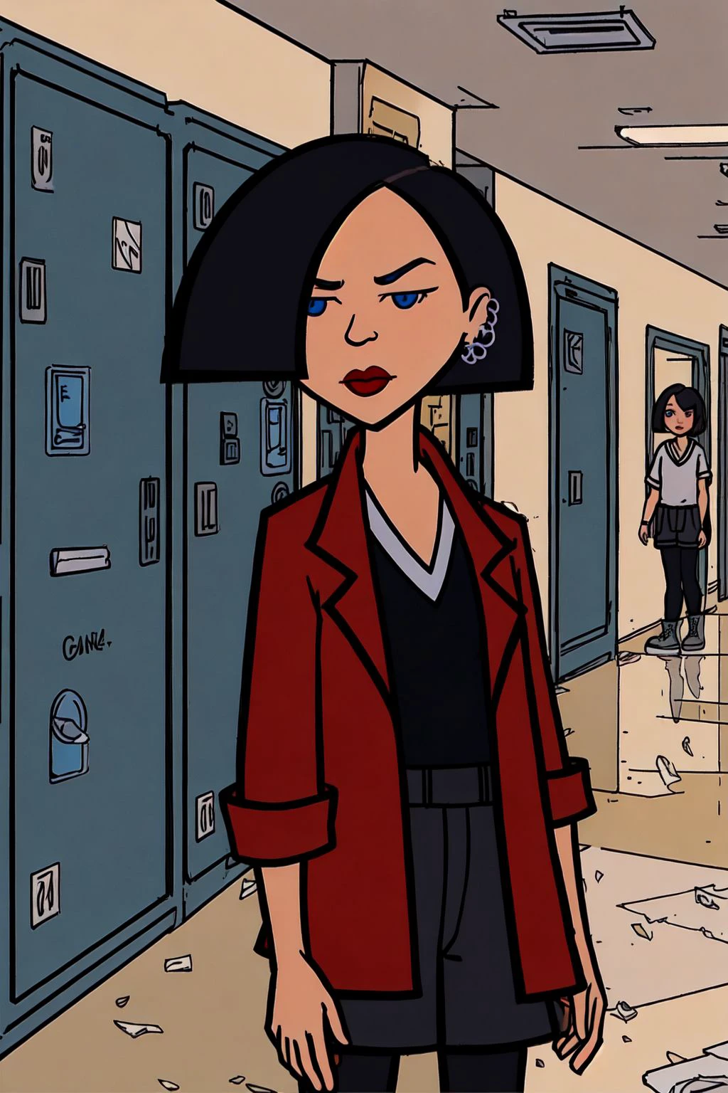 <lora:j4n3l4n3-16:0.8> j4n3l4n3, black bob cut, blue eyes, red lips, earrings, (black v-neck shirt:1.3), red jacket, black shorts, black tights, combat boots, looking at viewer, cowboy shot, two point perspective, high school hallway, lockers, building exit