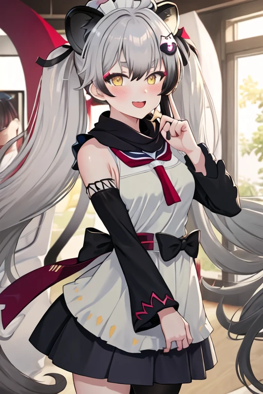 best quality, masterpiece, highres, solo, {maid:1.40}, {long maid dress:1.15}, {michiru_bluearchive:1.15}, animal_ears, grey_hair, twintails, halo, long_hair, hair_ornament, hair_between_eyes, yellow_eyes, open_mouth, bangs, blush, ahoge, smile, multicolored_hair