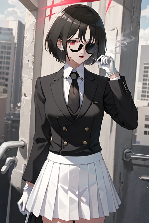 best quality, masterpiece, highres, solo, {black business suit:1.40}, {tie:1.20}, {sunglasses:1.25}, {white gloves:1.15}, {white shirt:1.10}, {black skirt:1.15}, {smoking:1.20}, handsome, {misaki_bluearchive:1.15}, short_hair, black_hair, bangs, halo, red_eyes, bandages, bandaged_neck, hoodie, upper_body, ear_piercing, piercing