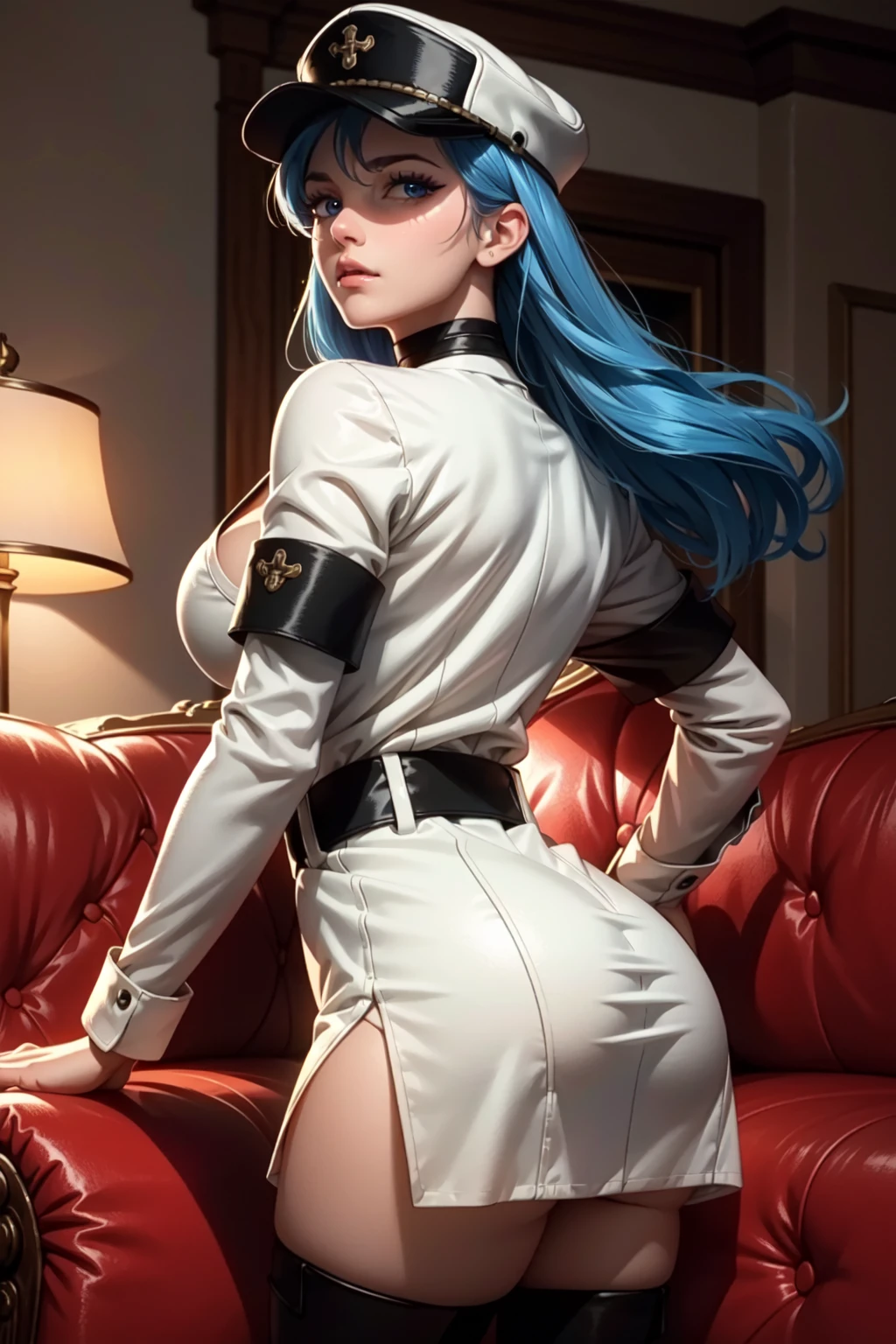 (ultra realistic,32k,RAW photo:1.1),(high detailed skin:1.1), 8k uhd, dslr, high quality, film grain, (makeup, mascara:1.1), (shiny glossy translucent clothing:1.1), <lora:OGT_Esdeath-v1:0.9> Esdeath, 1girl, breasts, thigh boots, long hair, blue hair, blue eyes, thighhighs, hat, solo, very long hair, cleavage, boots, white footwear, large breasts, military uniform, military, uniform, choker, ice, peaked cap, sky, zettai ryouiki, cloud, white thighhighs, looking at viewer, realistic, alluring, backlighting, indoors, couch, mature woman, (soft shaded neon light:1.2)
