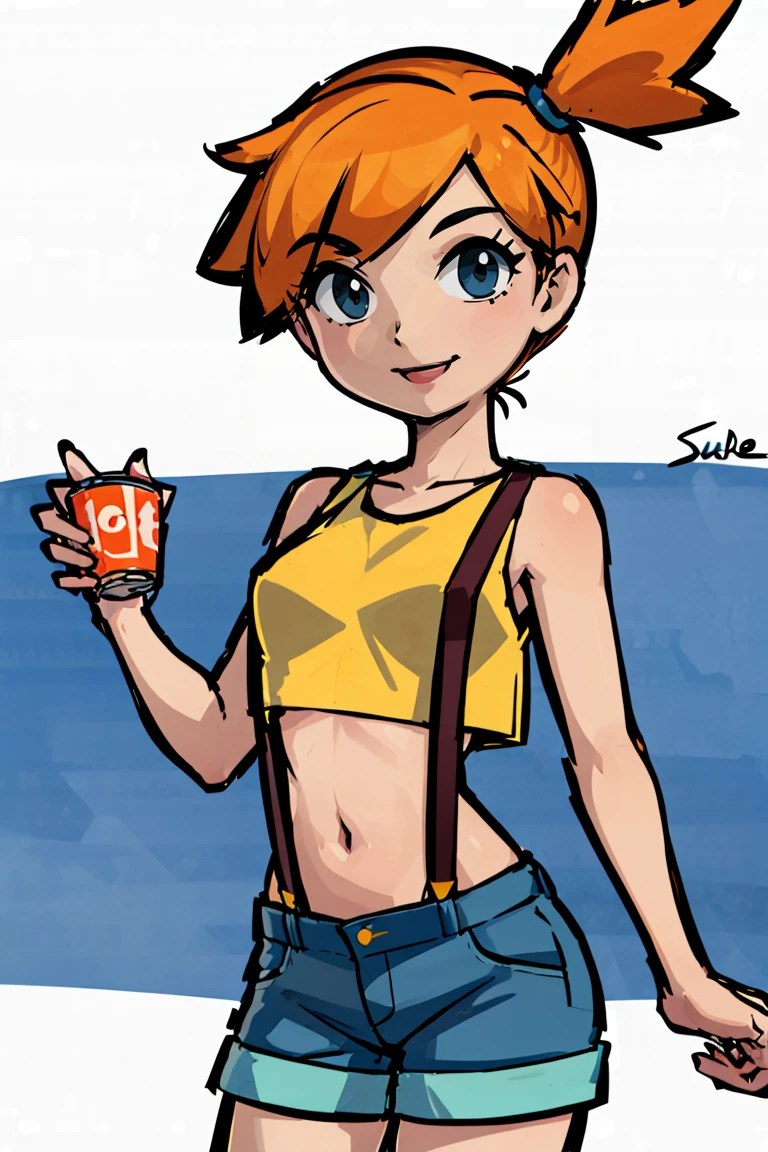 <lora:Style_of_the_Winds:0.8>, , ((masterpiece,best quality)), absurdres, <lora:Misty_Pokemon_v2_Anime:0.8>, Misty_Pokemon, yellow crop top, suspenders, side ponytail, orange hair, denim shorts, solo, smiling, looking at viewer, cowboy shot, , tropical beach,