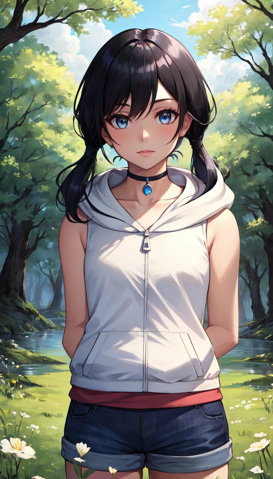 masterpiece, best quality, outdoors, field, grass, forest, woods,
1girl, solo, looking at viewer, upper body, twintails, long hair, bangs, low twintails, black hair, blue eyes, hair between eyes, arms behind back,
bare shoulders, collarbone, jacket, shorts, sleeveless, choker, shiny, hood, bare arms, short shorts, sleeveless shirt, black choker, white jacket, hood down, hooded jacket, pendant, blue shorts, sleeveless jacket, holding strap, sleeveless hoodie,
<lora:LoRA_Amano:1>