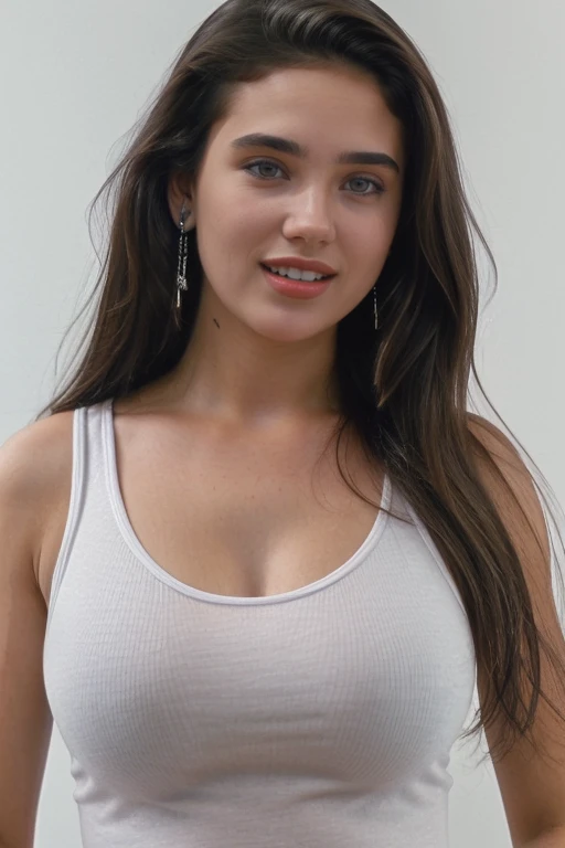 real, atmospheric scene, masterpiece, best quality, (detail skin texture, ultra-detailed body),
<lora:JenniferConelly_CareerOpportunities_smf_lora_v01:0.9>, j3n2i773r50-smf, 1girl, solo, breasts, earrings, realistic, jewelry, long hair, smile, blurry background, tank top, upper body, blurry, teeth, brown hair, lips, white tank top, open mouth, shirt, black hair