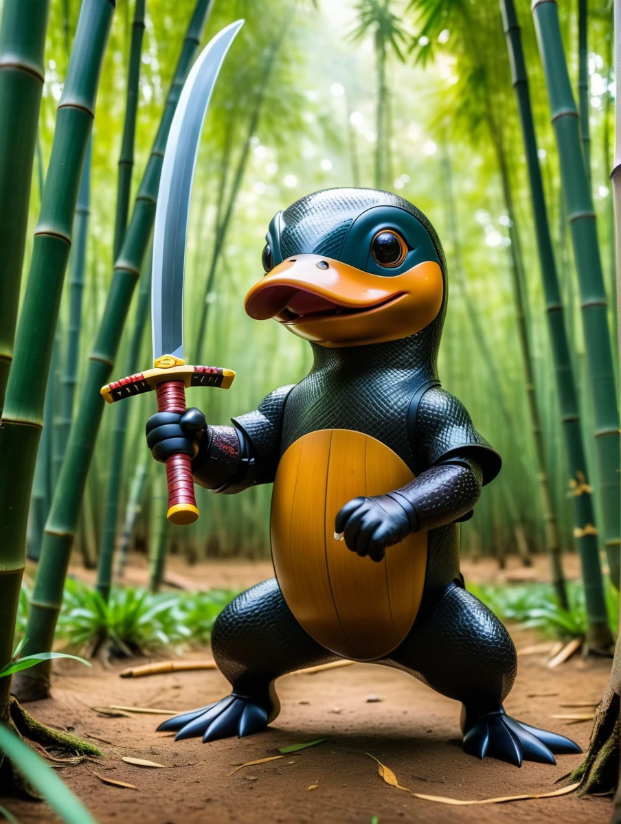 a cartoon platypus, ninja, practicing battle with katanas in a bamboo forest,
high quality photography, 3 point lighting, flash with softbox, 4k, Canon EOS R3, hdr, smooth, sharp focus, high resolution, award winning photo, 80mm, f2.8, bokeh,
<lora:add-detail-xl:1>
<lora:xl_more_art-full_v1:0.5>
<lora:epi_noiseoffset2:0.5>