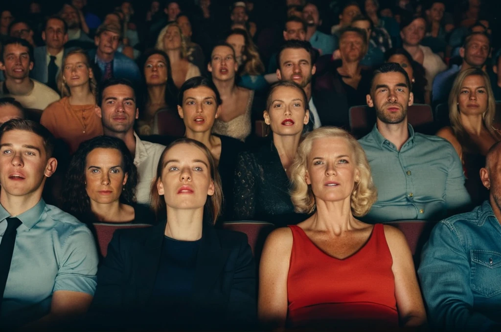photo of a large group of people sitting in a cinema, many faces,