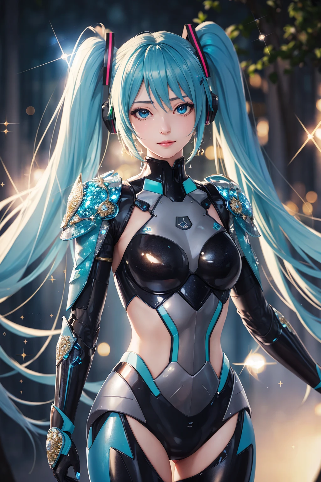 a beautiful hatsune miku, armor outfit,
seductive expression, half body, looking at viewer, bokeh, nature, (sparkling:1.75), masterpiece, amazing intricate finely detailed, volumetric lighting, ultra-HD, UHD, 8K, 16K