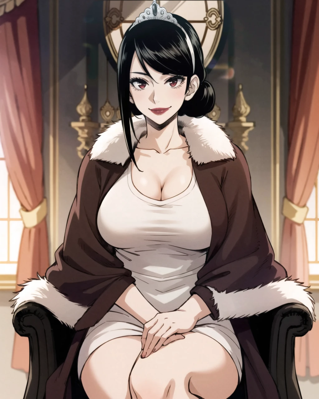 <lora:IsekaiFurin_MartialArtist_MsV2:0.7>,MarArtistA,black hair,side bang, red eyes,hair behind ears,tiara, low hairbun, lipstick , smile,maturefemale,, <lora:age_slider_v2:1>