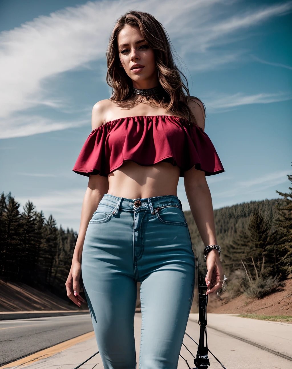 breathtaking cinematic photo <lora:quiron_MaddyMay_v1_Lora:0.77> MaddyMayQuiron woman,, realistic, a woman Kite landboarding wearing Off-shoulder blouse and Skinny jeans: Form-fitting pants that hug the legs and taper at the ankles., . 35mm photograph, film, bokeh, professional, 4k, highly detailed . award-winning, professional, highly detailed