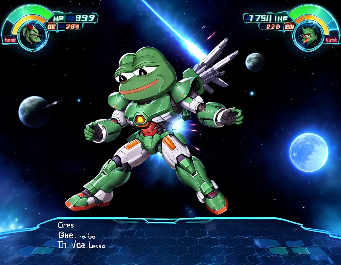 "0599", high quality, A strategic space combat scene in a mecha game interface, now featuring the meme character Pepe the Frog in place of the traditional pilot. Pepe's recognizable green visage exudes a blend of humor and determination, bringing a unique twist to the game's atmosphere. The iconic Iron Man suit is replaced by a mecha resembling Pepe in style and color, complete with detailed armor and vibrant energy levels displayed on the HUD. This playful yet powerful character stands ready for action against a backdrop of the serene expanse of space, juxtaposing meme culture with high-tech interstellar conflict,<lora:rw99-000028:0.75>, <lora:pepe-v2:0.6>