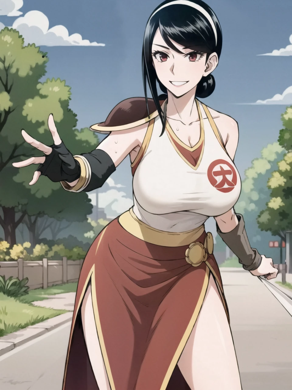 <lora:IsekaiFurin_MartialArtist_MsV2:0.7>,MarArtistA,black hair,side bang, red eyes,hair behind ears, low hair bun, hair band, logo,martial arts top, shoulder pad,combat gloves, ribbon,long skirt,,cleavage,smile,sweat,,maturefemale,(emotionless:0), hands down along her body, <lora:age_slider_v2:1>, <lora:add_detail:0.0> , smile , background is park road, background ispark road with trees ,(breasts out:0),(nipples:0),detailed eyes,confident