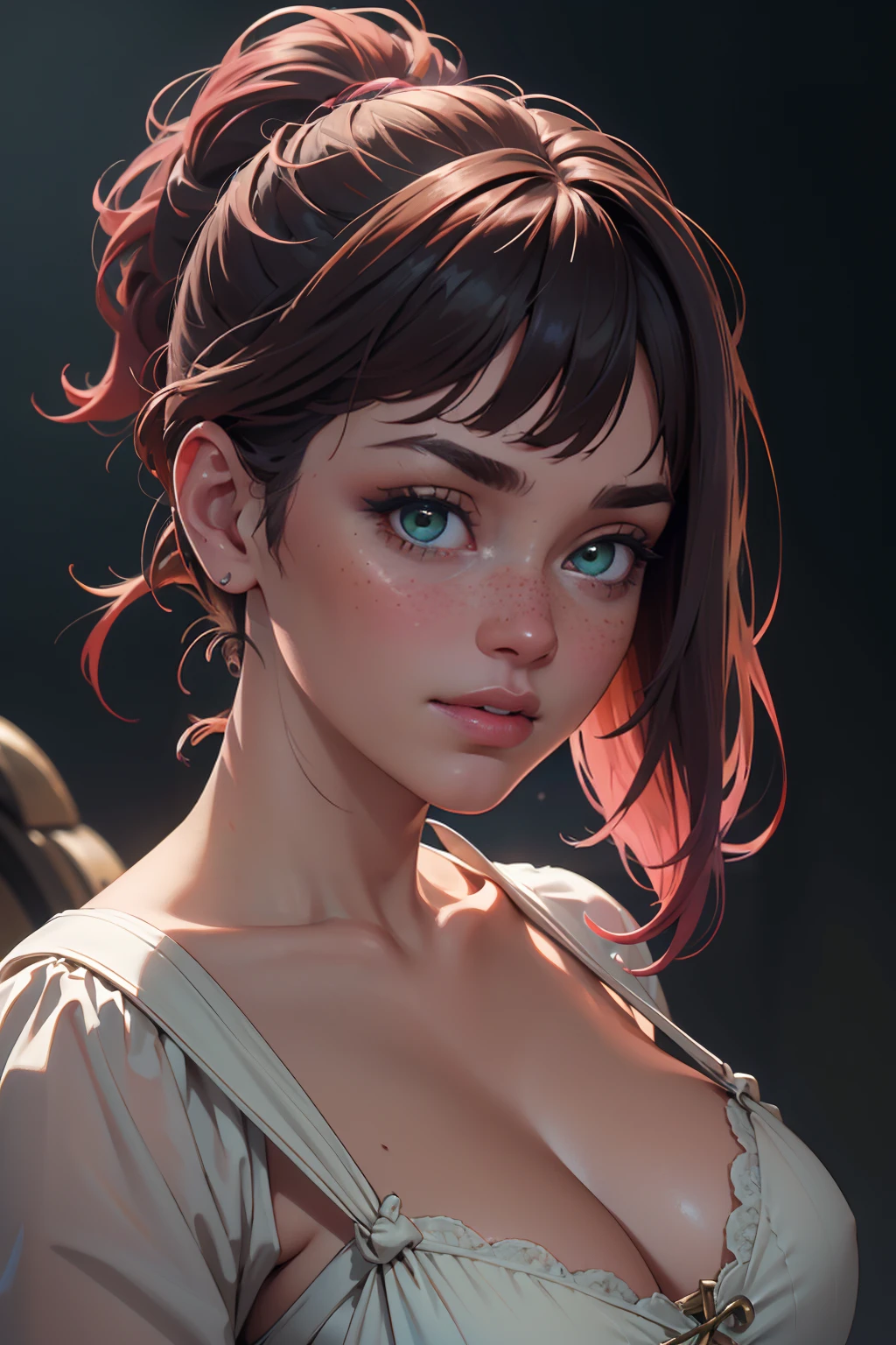 (masterpiece, best quality, highres, high resolution:1.2), extremely detailed, realistic, intricate details, 1girl, solo, looking at viewer, portrait, clamEmma, <lora:clamEmma:0.6>, cleavage, smile, side-swept bangs, black hair, pink IncursioDipDyedHair, messy mid ponytail, green eyes, thick eyebrows, freckles, <lora:DipDyedHair:0.8>, <lora:weight_slider_v2:0.25>, (cinematic lighting, bloom, volumetric),