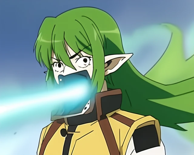 anime screencap,1girl,solo,green hair,pointy ears,shoopdawoop, <lora:Shoopdawoop15:1>