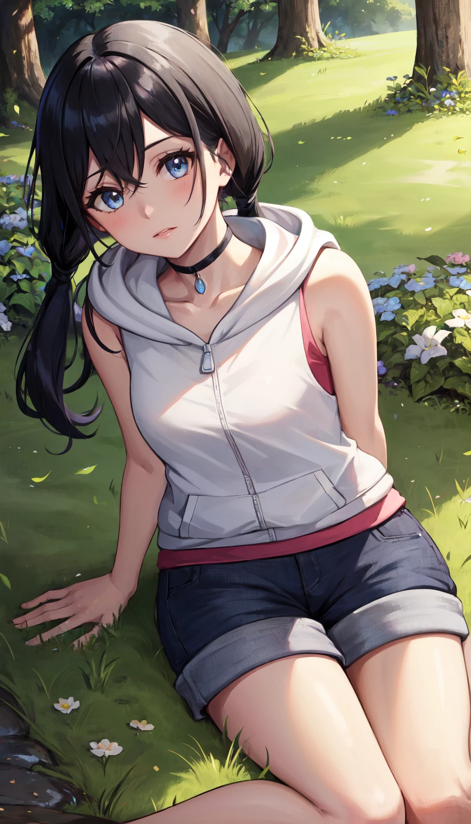 masterpiece, best quality, outdoors, field, grass, forest, woods, <lora:LoRA_Amano:1>
1girl, solo, looking at viewer, wariza, twintails, long hair, bangs, low twintails, black hair, blue eyes, hair between eyes, arms support, head tilt, leaning back,
bare shoulders, collarbone, jacket, shorts, sleeveless, choker, shiny, hood, bare arms, short shorts, sleeveless shirt, black choker, white jacket, hood down, hooded jacket, pendant, blue shorts, sleeveless jacket, holding strap, sleeveless hoodie,