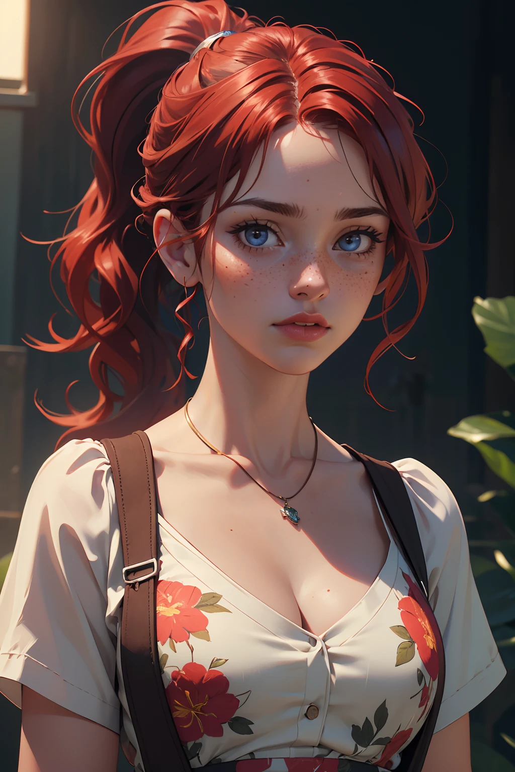 (masterpiece, best quality, highres, high resolution:1.2), extremely detailed, realistic, intricate details, 1girl, solo, looking at viewer, upper body, collarbone, wavy hair, necklace, suspenders, floral print, ponytail, freckles, red hair, sunlight, (cinematic lighting, bloom, volumetric),