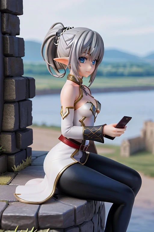 anime,1girl, an elf girl looking at smartphone, fantasy background, outdoor, sit beside the stone wall, castle background, gray hair, ponytail, blue eyes, white tunic, black leggings,