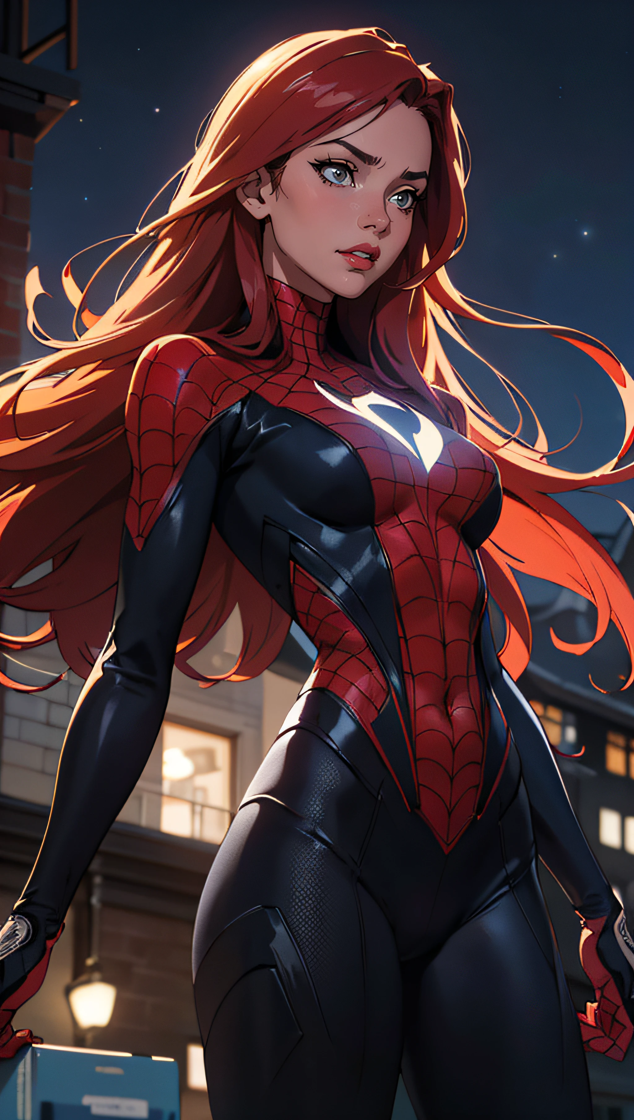 (best quality, masterpiece, colorful, dynamic angle, highest detailed) upper body photo, fashion photography of cute, intense long red hair, \Mary Jane\ in spiderman suit, (ultrahigh resolution textures), in dynamic pose, bokeh, glowing web, (intricate details, hyperdetailed:1.15), detailed, moonlight passing through hair, perfect night, fantasy background, (official art, extreme detailed, highest detailed), HDR+