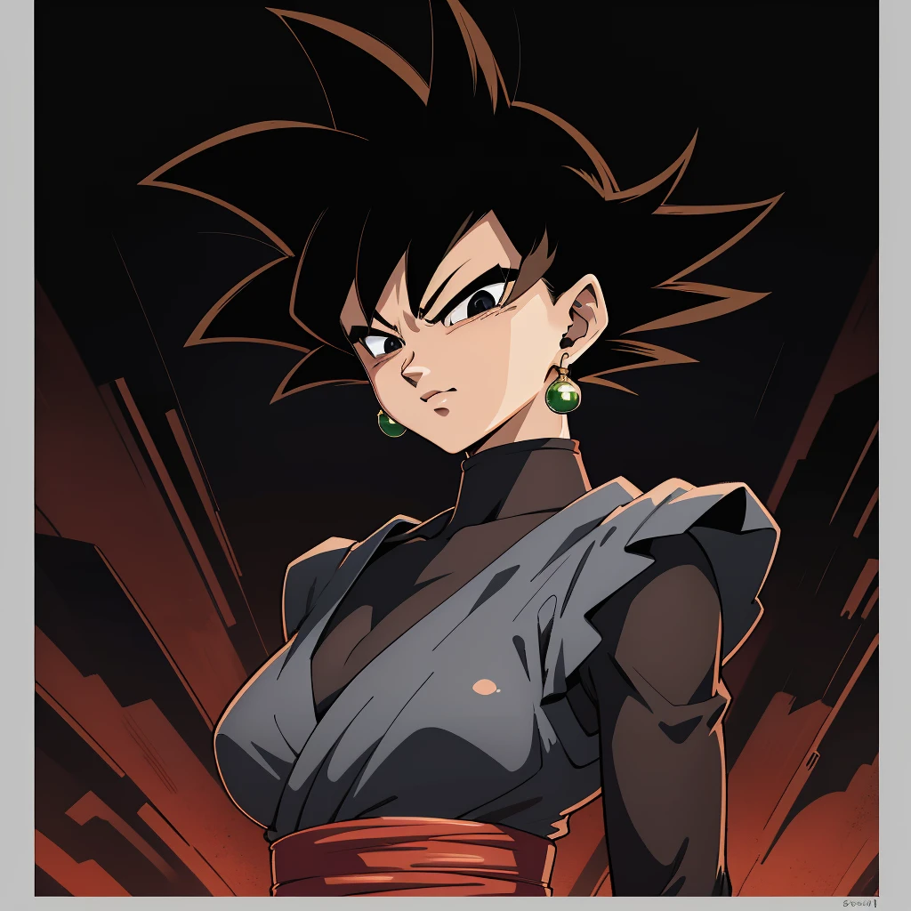 Best_QualityPos, RAW photo, intricate details, best quality, 8k uhd, soft lighting, 1girl, solo, black eyes, black hair, spiked hair, single earring, dougi <lora:Goku_Black:0.7>