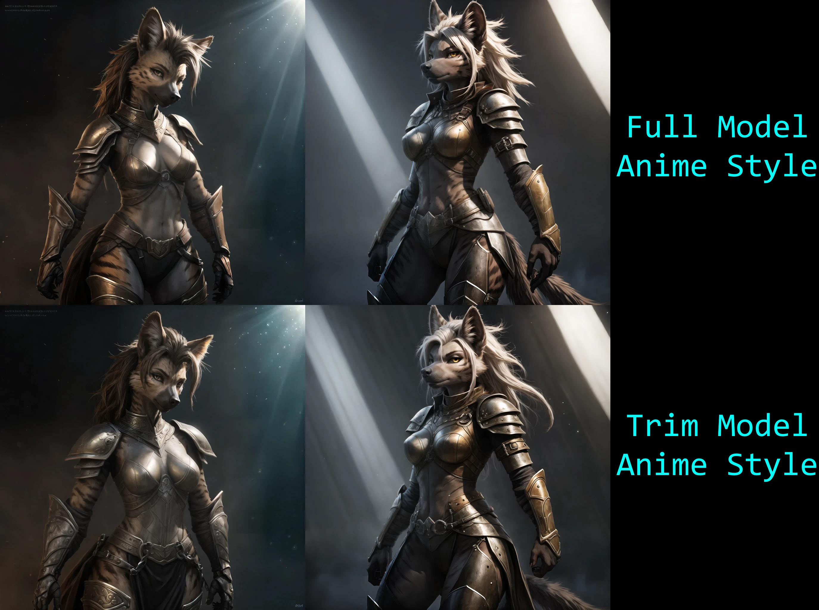 uploaded on e621, trending on Artstation, masterpiece, anime style, female striped hyena, standing, wearing armor, slim body, bright lighting,