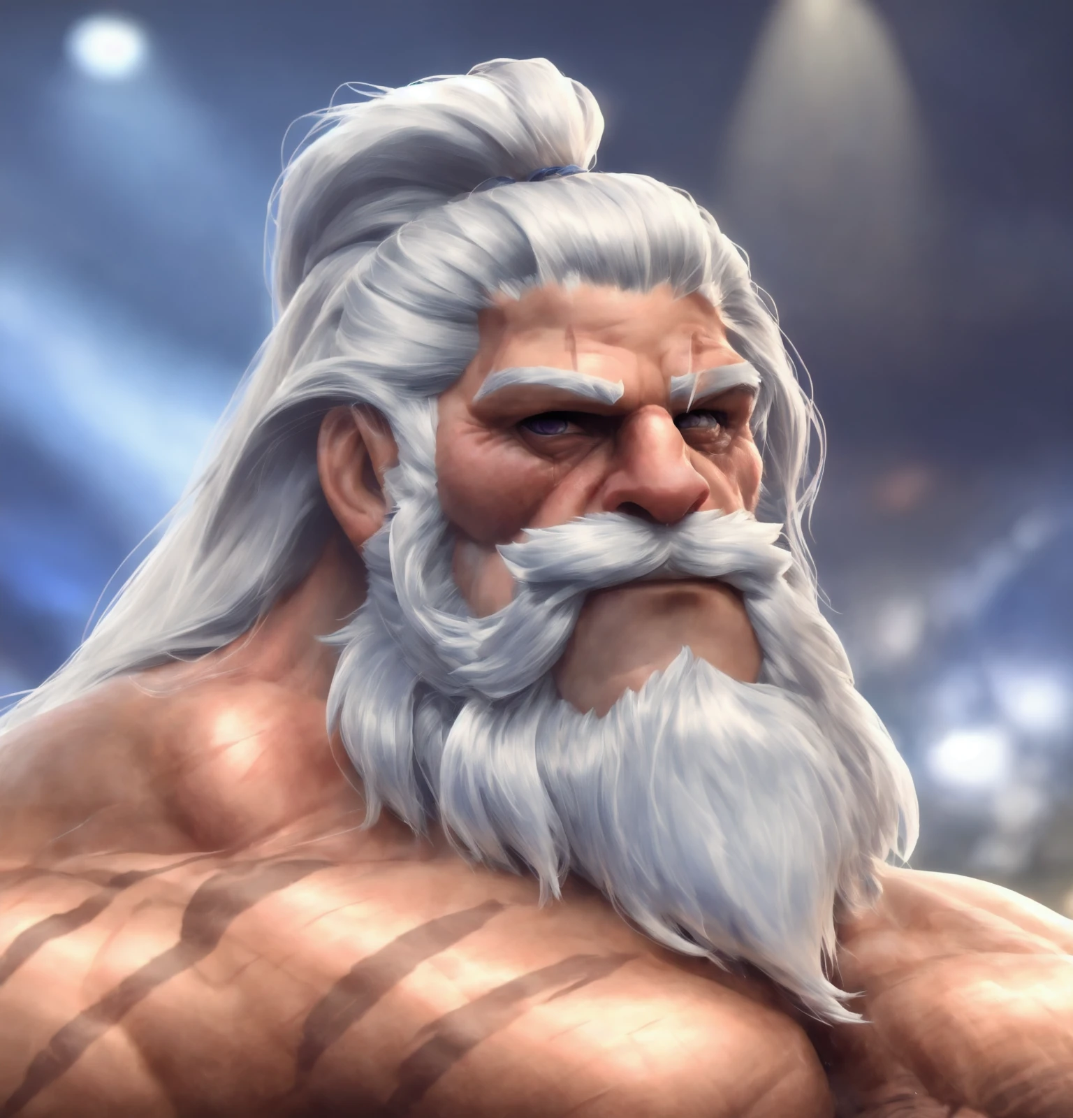 a crowded gladiatorial arena in the background,Best quality,masterpiece,4k,8k,highly detailed,detailed face,realistic proportions,sharp focus,male focus,musclar bodybuilder,<lora:reinhardt:0.9>,reinhardt,musclar bodybuilder,long beard,long hair,scar across eye,