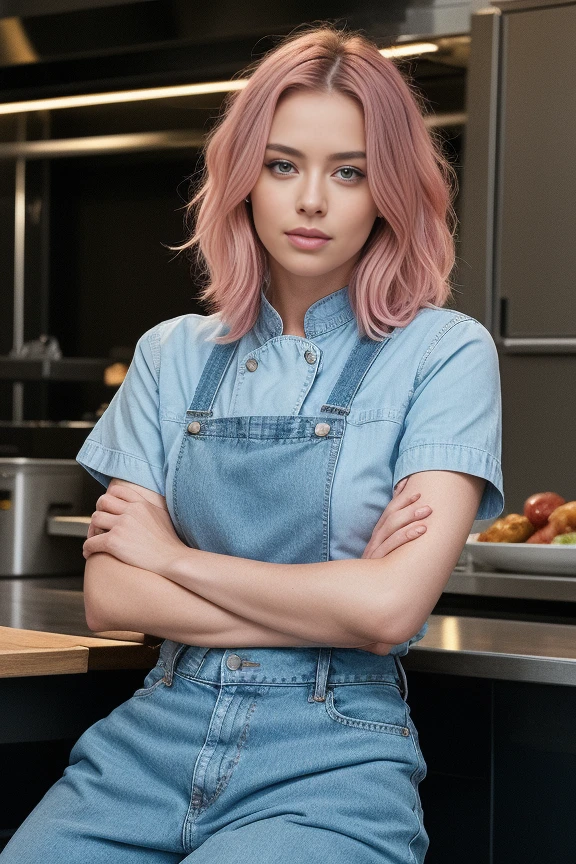 woman sitting, solo, chef, pink hair, light blue eyes, detailed face, closeup,
([Elizabeth Banks|Adriana Lima|Salma Hayek]:0.85),  (thepit style, uodenim style, stanleylau style :0.9), 
masterpiece, professional, high quality, beautiful, amazing, sci-fi, ConceptArtWorld, 
chanchanko, Steve Dillon, Jean Giraud, photoshoot, 4k, realistic, detailed background, aspiring, real life, (gentle:0.7),(gentle:0.6),