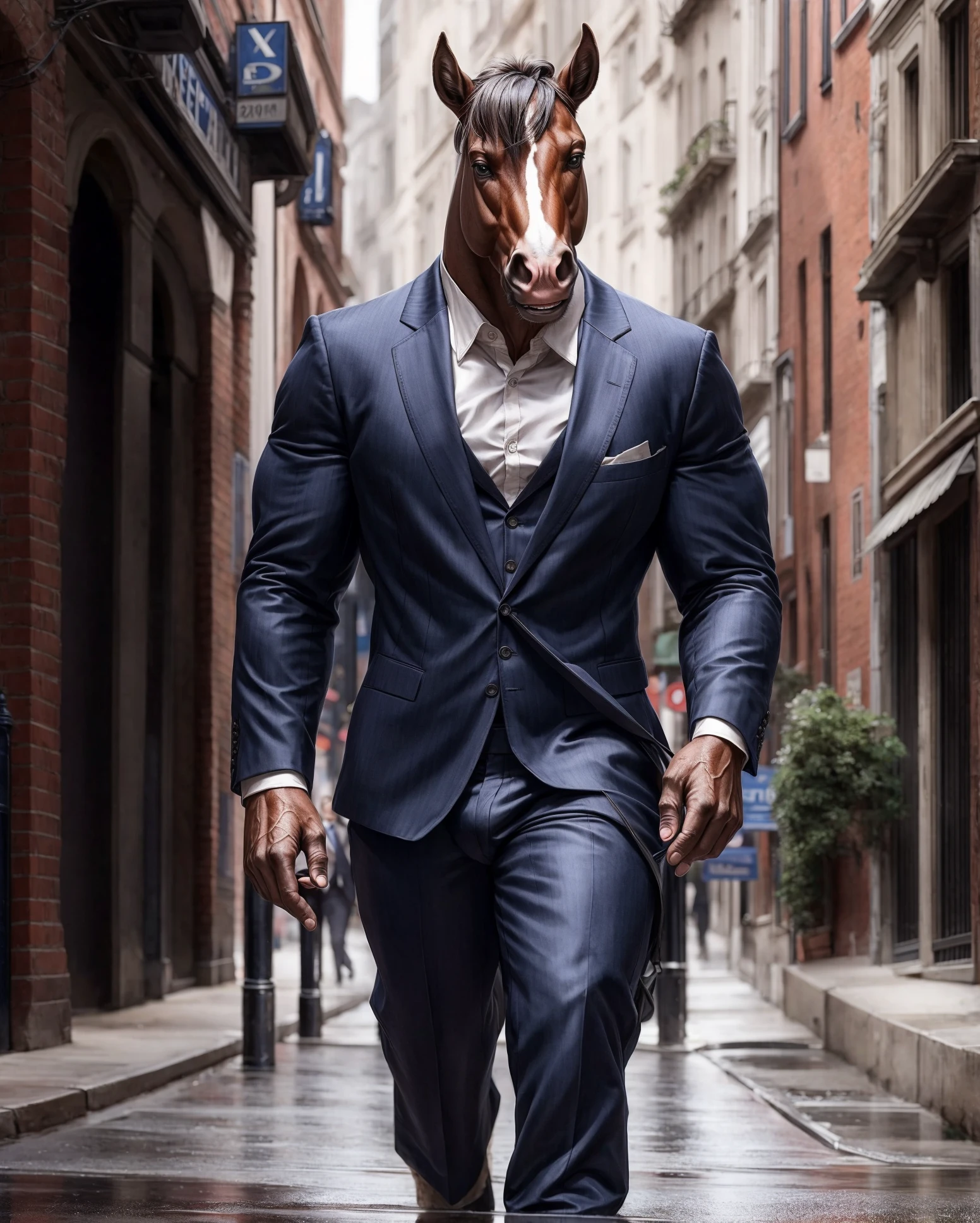anthro, horse, male, adult, muscular, veiny muscles, suit, standing, realistic fur, detailed background, street background, realistic, photorealistic, ultra realistic, 8k,
