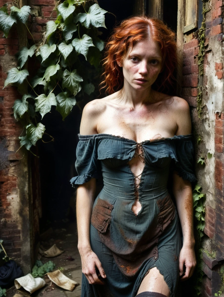 candid photograph, thin woman, filthy red hair, sad tired eyes, scar on face, dirty skin, torn ragged slit dress, falling off shoulder and breast, victorian era, slums, peasant rags, dark, gritty, busy insulae courtyard, night, warm light, long shadows, ivy, filthy
<lora:add-detail-xl:1> <lora:xl_more_art-full_v1:1>