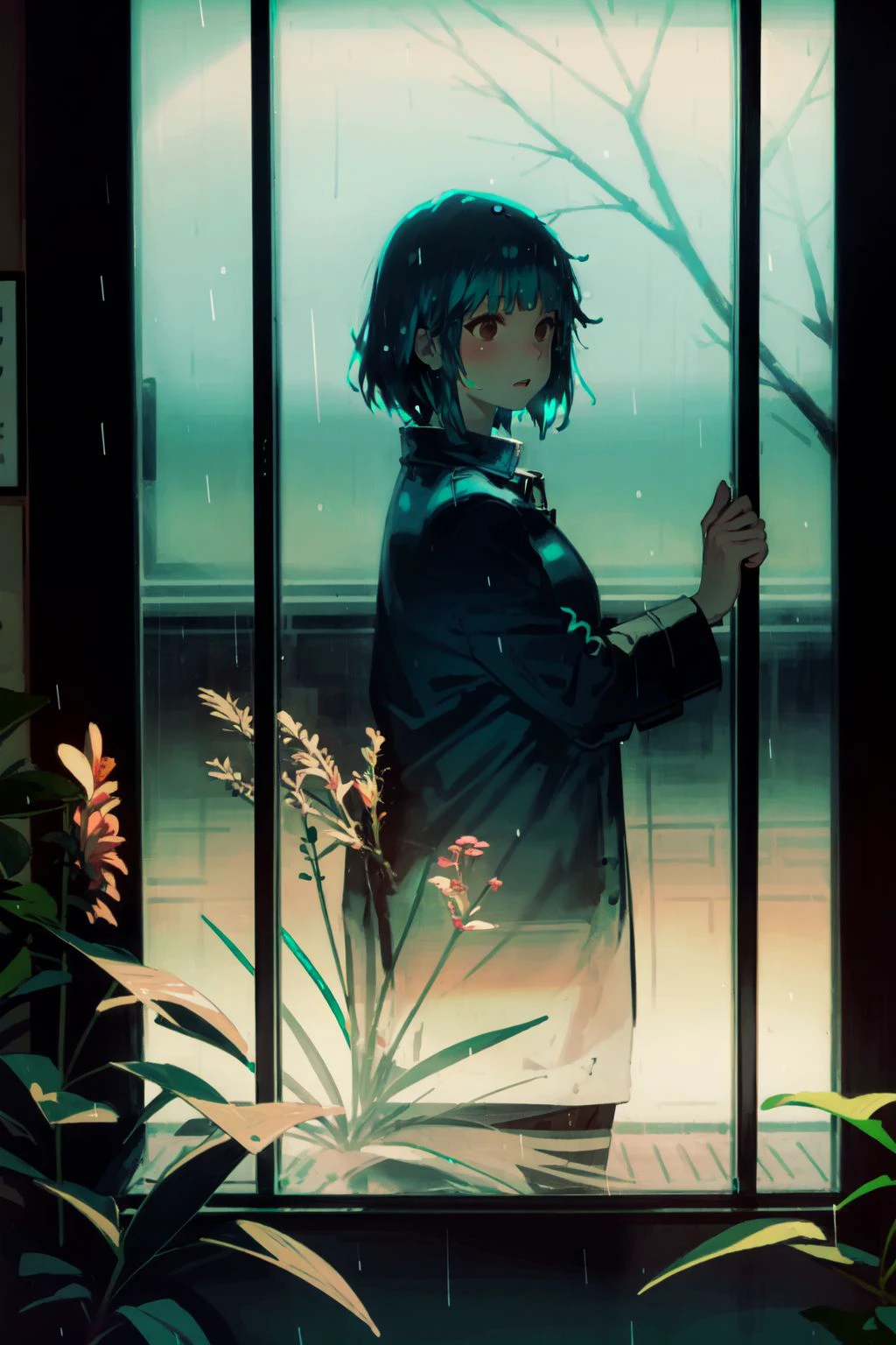 kukkastyle, scenery, in front of glass window, large window, Bouvardia \(flower\), blooming flowers, plants, trees, no light, mystic, mature female, aqua hair, short bangs, brown raincoat <lora:kukka_style_v01:1>