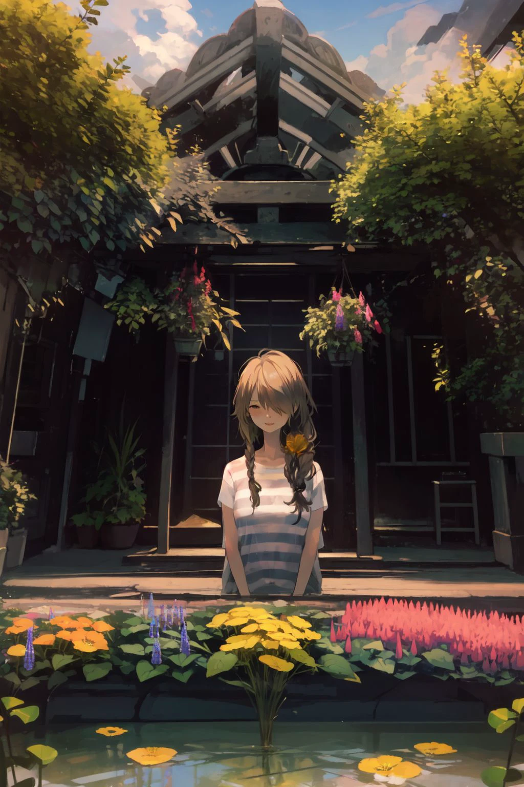 kukkastyle, scenery, cloudy, outdoors, Gyp \(flower\), blooming flowers, plants, trees, sidelighting, mystic, mature female, bronze hair, hair over eyes, yellow striped shirt <lora:kukka_style_v01:1>