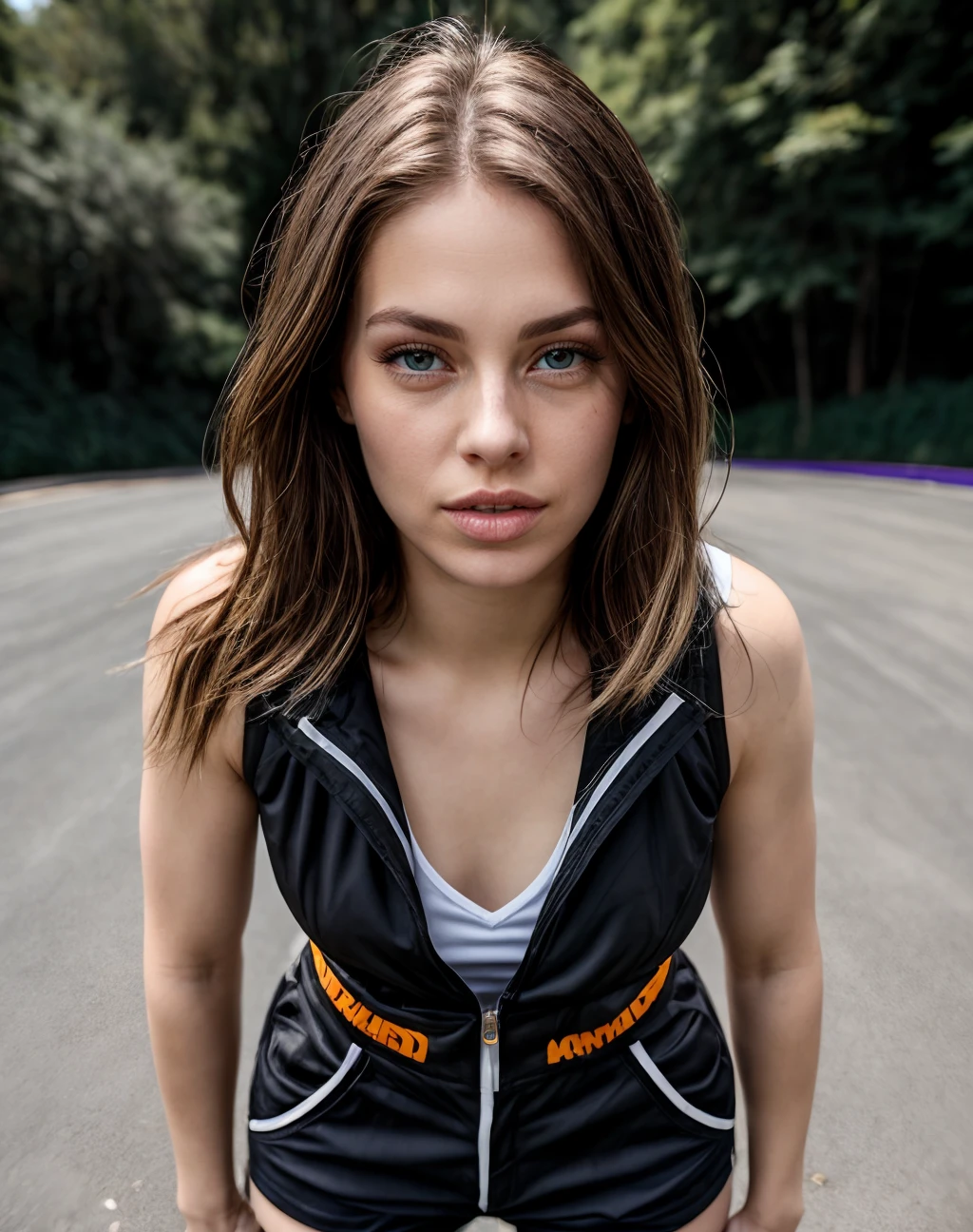 (realistic, photorealistic), cinematic photo realistic, <lora:quiron_MaddyMay_v1_Lora:0.77> MaddyMayQuiron woman,, realistic, a woman Go-karting wearing Vest and Cargo shorts: Knee-length shorts with multiple pockets., . 35mm photograph, film, bokeh, professional, 4k, highly detailed, (high quality skin), (high detailed face skin), (realistic iris), (realistic pupils), (skin pores), (skin imperfections:0.27),