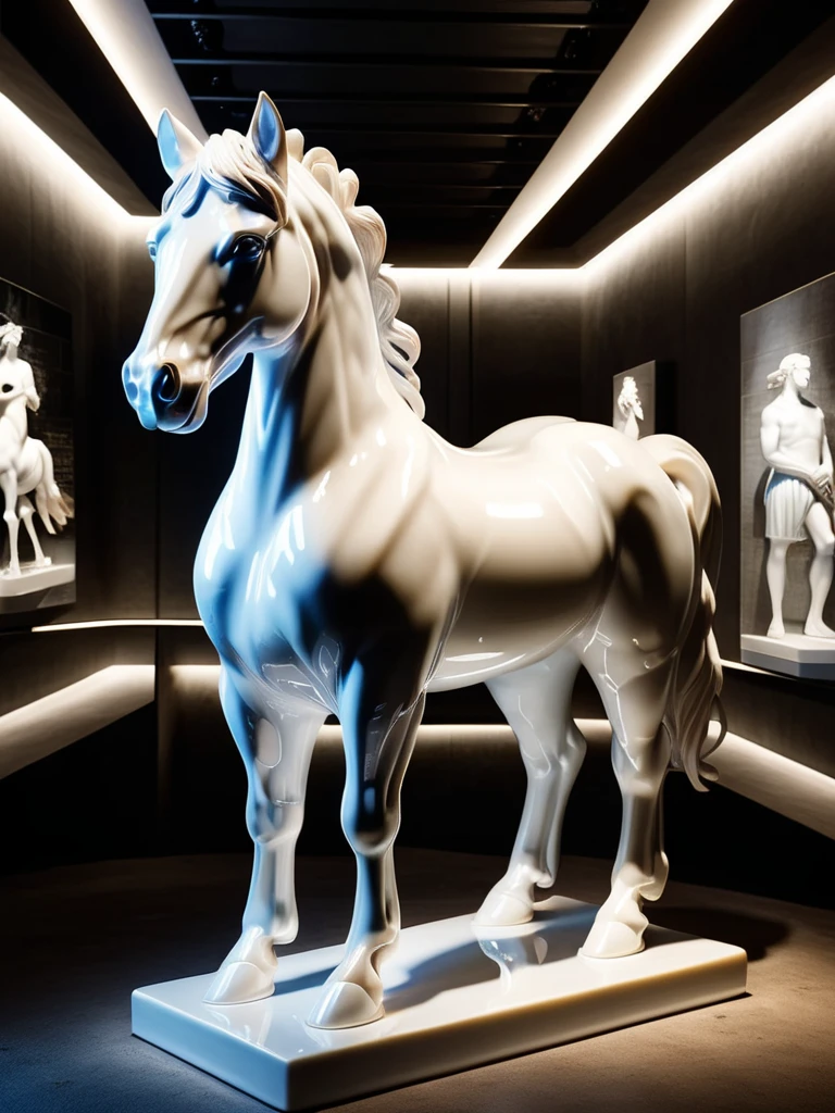a statue of a horse, indoors, artificial lighting, dark ambience <lora:ral-porcelain-sdxl:1> ral-porcelain