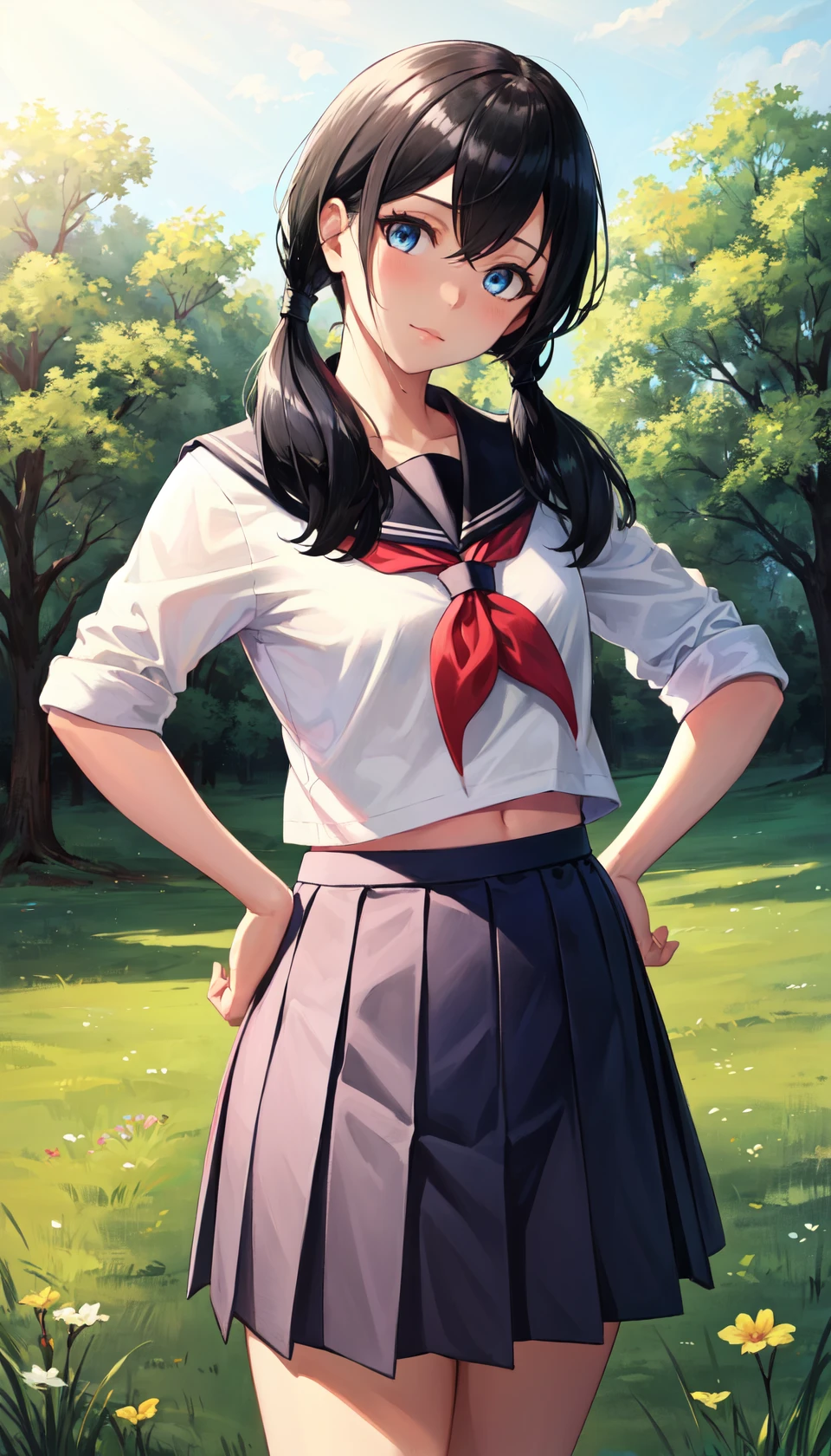 masterpiece, best quality, outdoors, field, grass, forest, <lora:LoRA_Amano:1>
1girl, solo, looking at viewer, cowboy shot, twintails, long hair, bangs, low twintails, black hair, blue eyes, hair between eyes, head tilt, hands on hips, 
school uniform, serafuku, seifuku, pleated skirt, long skirt,