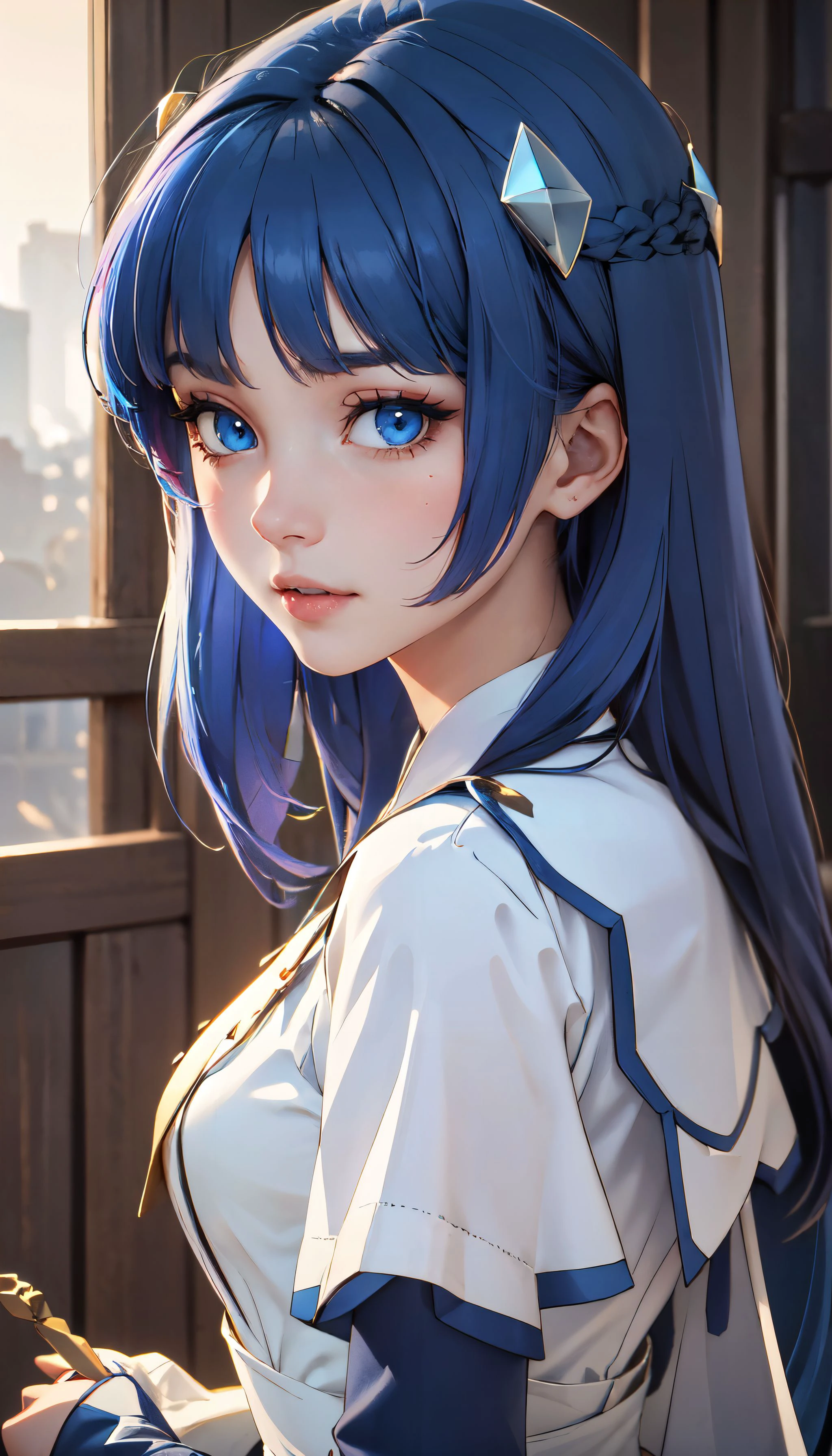 photorealistic, octane render, sharp focus, (8k), (4k), (Masterpiece), (realistic skin texture), extremely detailed, intricate, hyper detailed, soft lighting, high resolution, sharp detail, (best quality, hires, high resolution), extremely detailed, highres, 1girl, long hair, vibrant blue hair, blue eyes, white hairclip, long white dress, blue trim, turned away but looking back over her shoulder, <lora:detail_slider_v4:0.6> <lora:Milly_VRMMO:1>