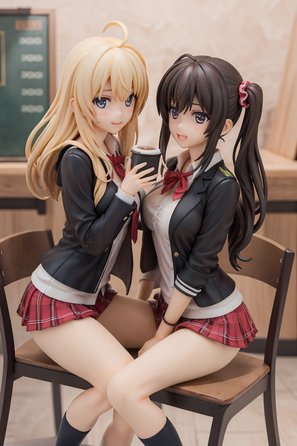 2 girls at coffee shop , school uniform,  joyful talking, anime, sitting