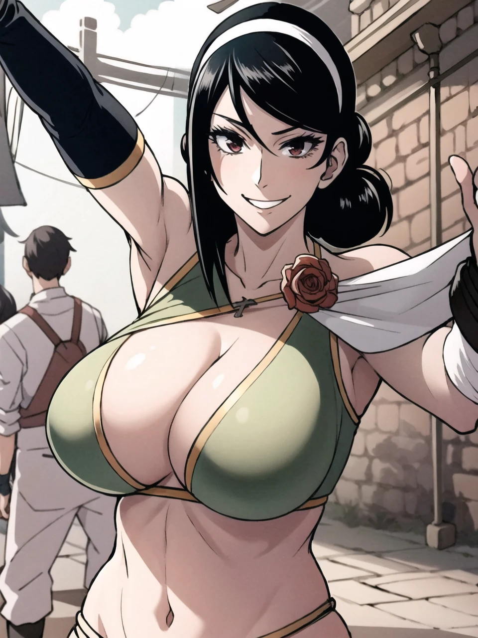 <lora:IsekaiFurin_MartialArtist_MsV2:0.7>,MarArtistA,black hair,side bang, red eyes,hair behind ears, low hair bun, hair band, logo,martial arts top, shoulder pad,combat gloves, ribbon,cleavage,smile,sweat,,cross-body stretch,streching,maturefemale,(emotionless:0), hands down along her body, <lora:age_slider_v2:1>, <lora:add_detail:0.0> , smile , background is medieval town, background medieval town, with stone buildings and food stands ,(breasts out:0),(nipples:0),detailed eyes,confident