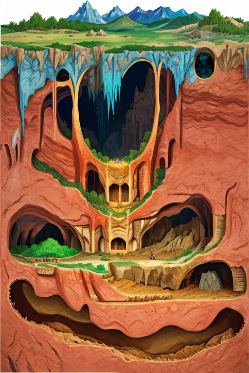 diagram of caves under a mountain, csu, cross-section, from the side, underground, burrow, <lora:Cross_section_underground-000007:0.9>, fantasy landscape, national geographic, best quality, masterpiece, award winning photo,