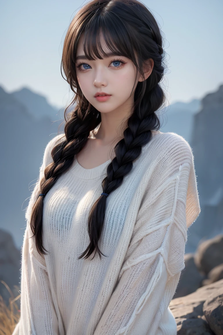 masterpiece,best quality,4k,realistic,1girl,solo,long hair,breasts,looking at viewer,sweater,black hair,(blue eyes:1.3)standing,closed mouth,upper body,braid,parted bangs,single braid,hair over shoulder,simple background,