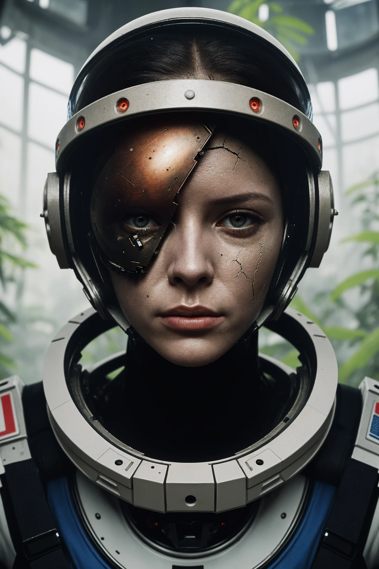 Movie Still,high quality,(cybernetic, mechanical parts),cables,android,8k,(dystopian),detailed,
(portrait of "a female Astronaut in the jungle":1.2),cyborg style,broken helmet red cold color palette,(helmet crack, porcelain),parted lips,muted colors,(depth of field),<lora:SDXLrender_v2.0:0.51>,