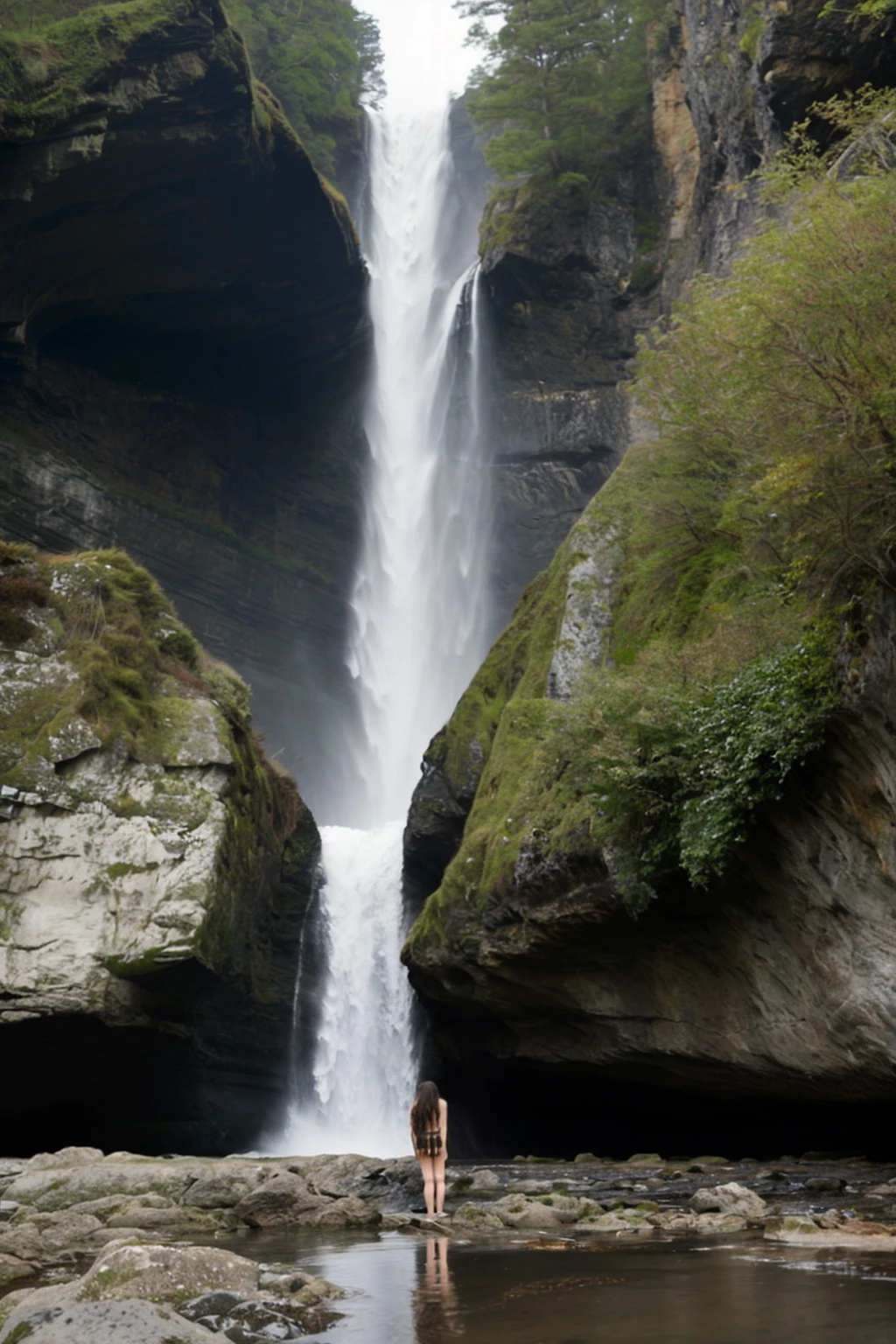 Beneath a towering cliff,a woman stands with a cascading waterfall behind her. The weather is overcast,casting the scene in a palette of cool,subdued colors. The water's roar contrasts with the gentle,soft composition of the scene,creating a sense of harmony between nature's power and tranquility. The woman's presence adds a contemplative,serene quality to the landscape,as she gazes into the distance under the cloudy sky