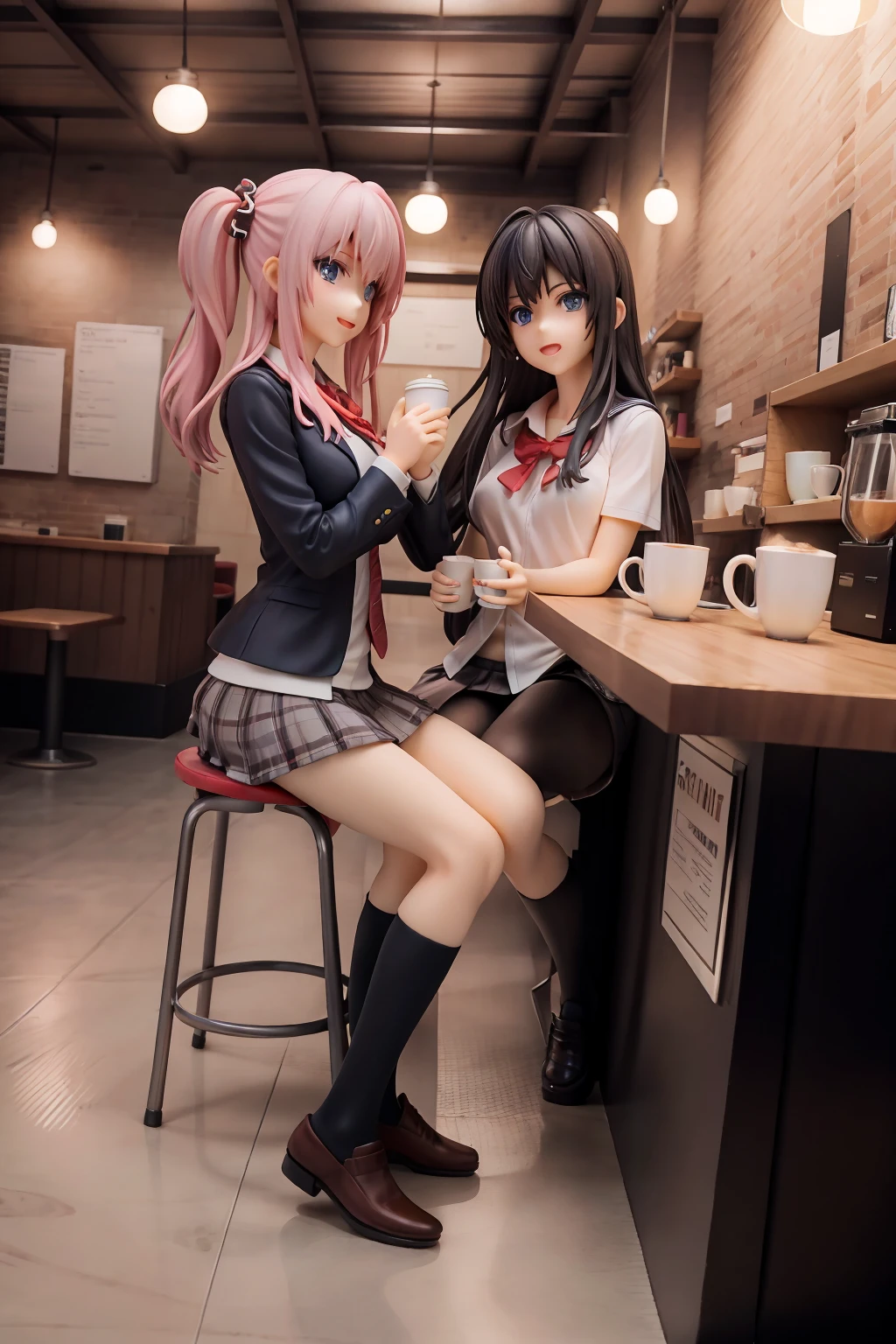 2 girls at coffee shop , school uniform, joyful talking, anime, sitting