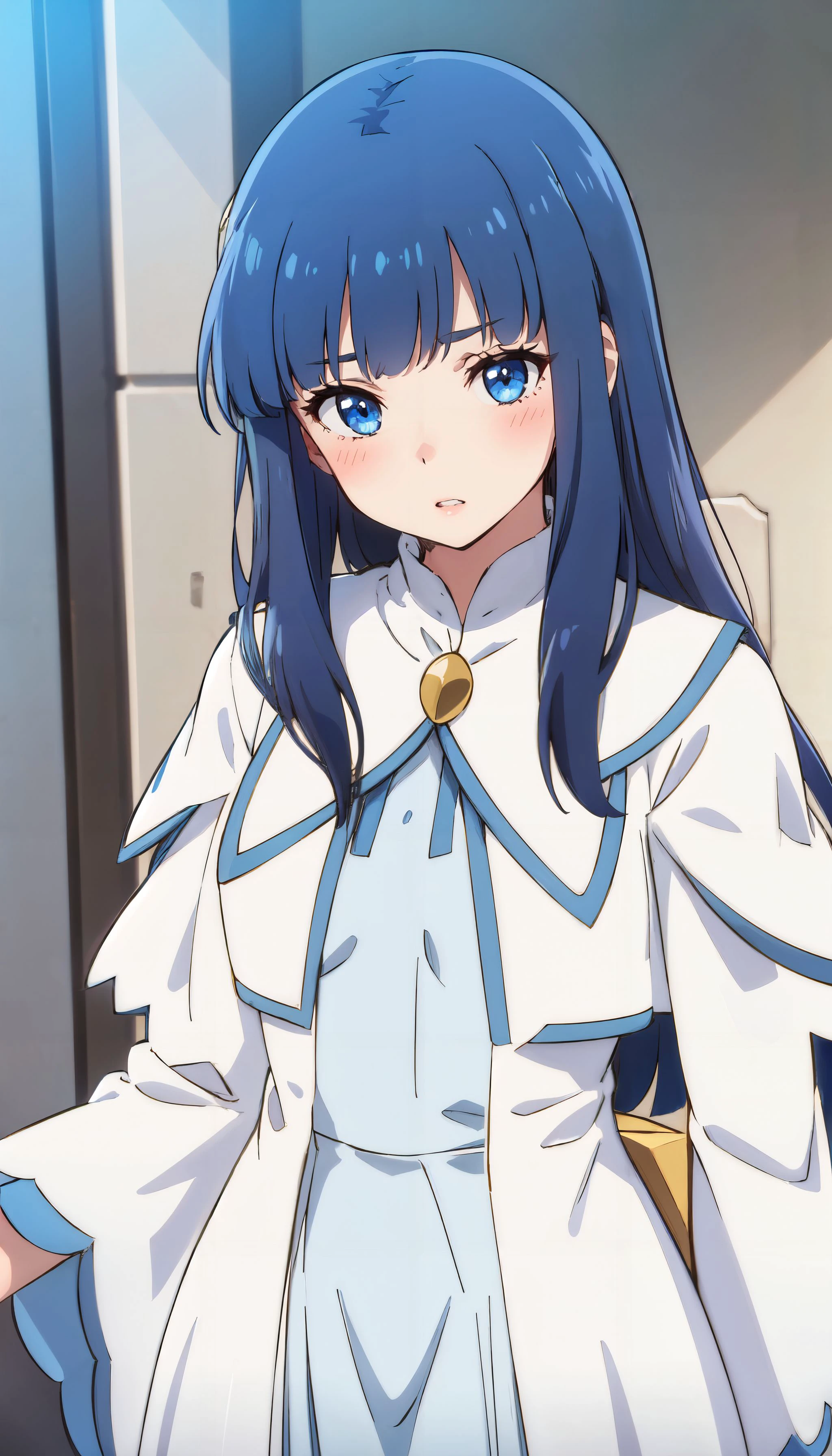 photorealistic, octane render, sharp focus, (8k), (4k), (Masterpiece), (realistic skin texture), extremely detailed, intricate, hyper detailed, soft lighting, high resolution, sharp detail, (best quality, hires, high resolution), extremely detailed, highres, 1girl, long hair, vibrant blue hair, blue eyes, white hairclip, long white dress, blue trim, , cowboy shot, church, <lora:background & distence control:1> <lora:Milly_VRMMO:1>